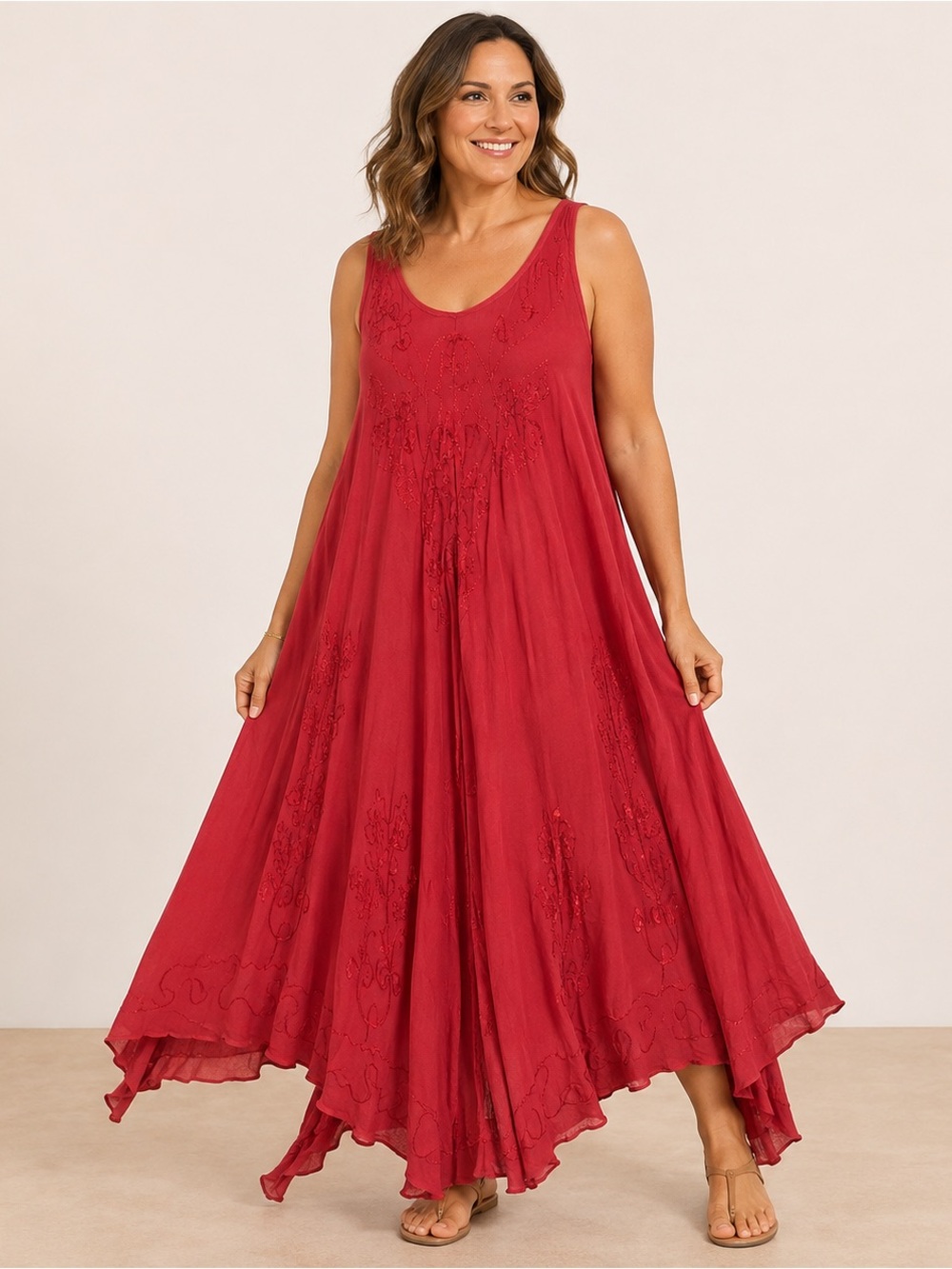 NWT Exist Red Embroidered Boho Handkerchief Maxi Dress One Size